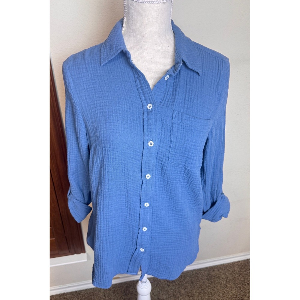 Talbots Womens Small Blue Cotton Gauze Button Down Roll Tab Sleeve Shirt